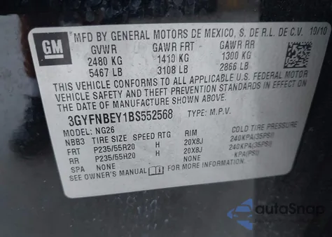 2011 Cadillac Srx Performance Collection из США, поврежденный, VIN 3GYFNBEY1BS552568